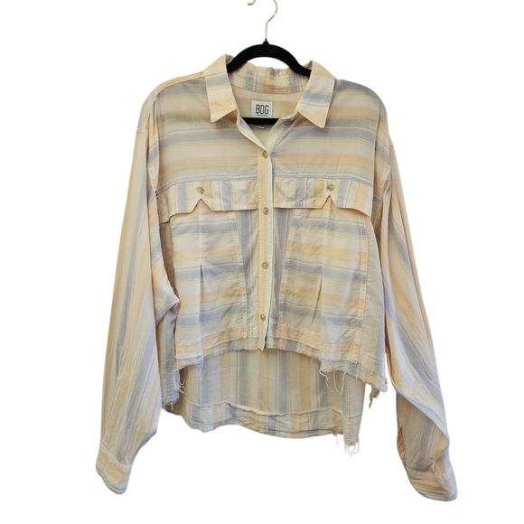BDG Urban Outfitters Striped Cropped Boyfriend Frayed Hem Button Down Size Large - Picture 1 of 10
